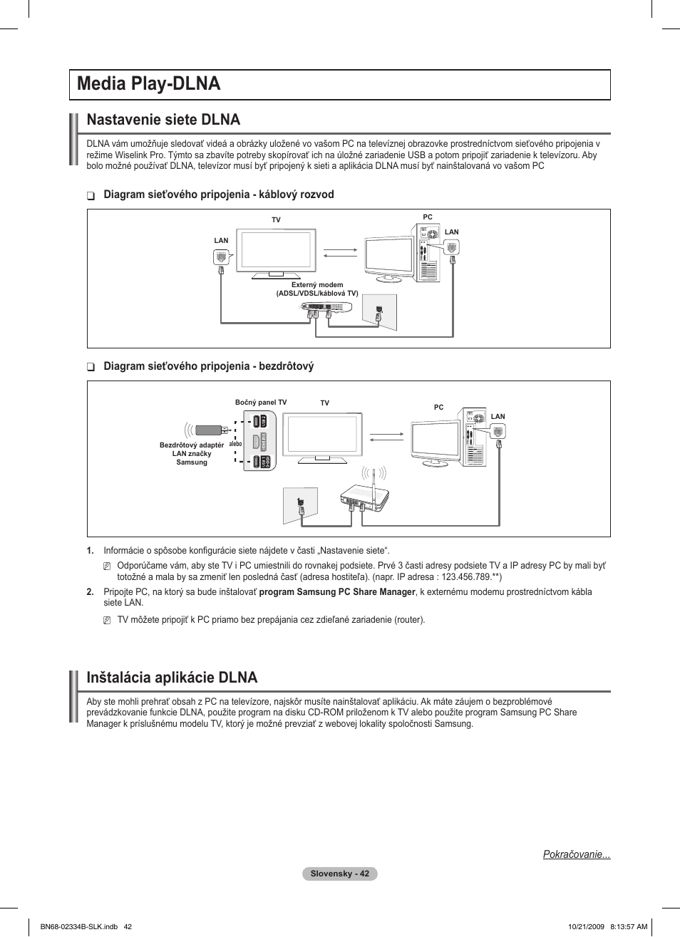 Media play-dlna, Nastavenie siete dlna, Inštalácia aplikácie dlna | Samsung PS58B850Y1W User Manual | Page 437 / 654
