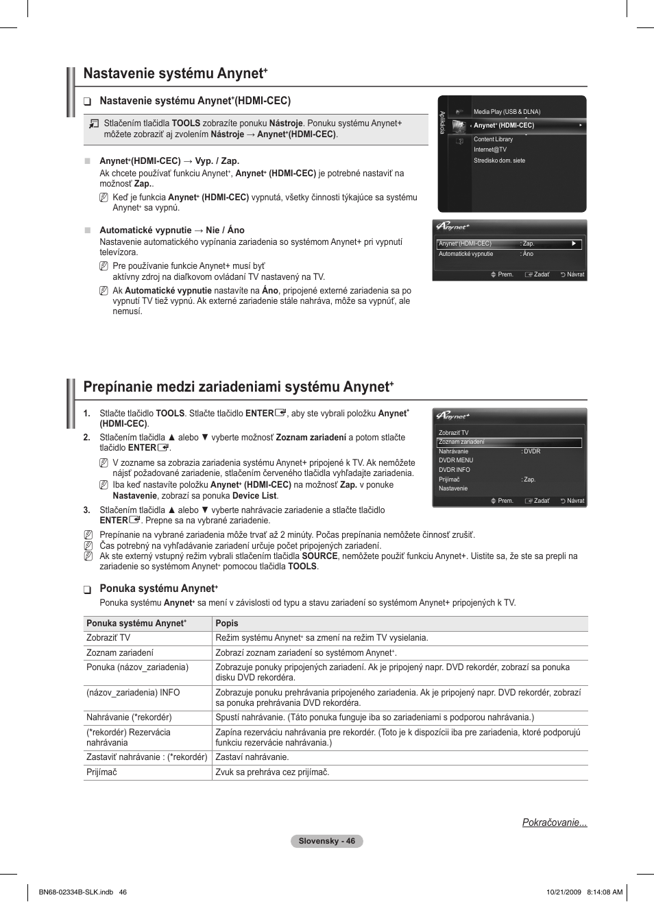 Nastavenie systému anynet, Prepínanie medzi zariadeniami systému anynet, Hdmi-cec) | Ponuka systému anynet | Samsung PS58B850Y1W User Manual | Page 441 / 654