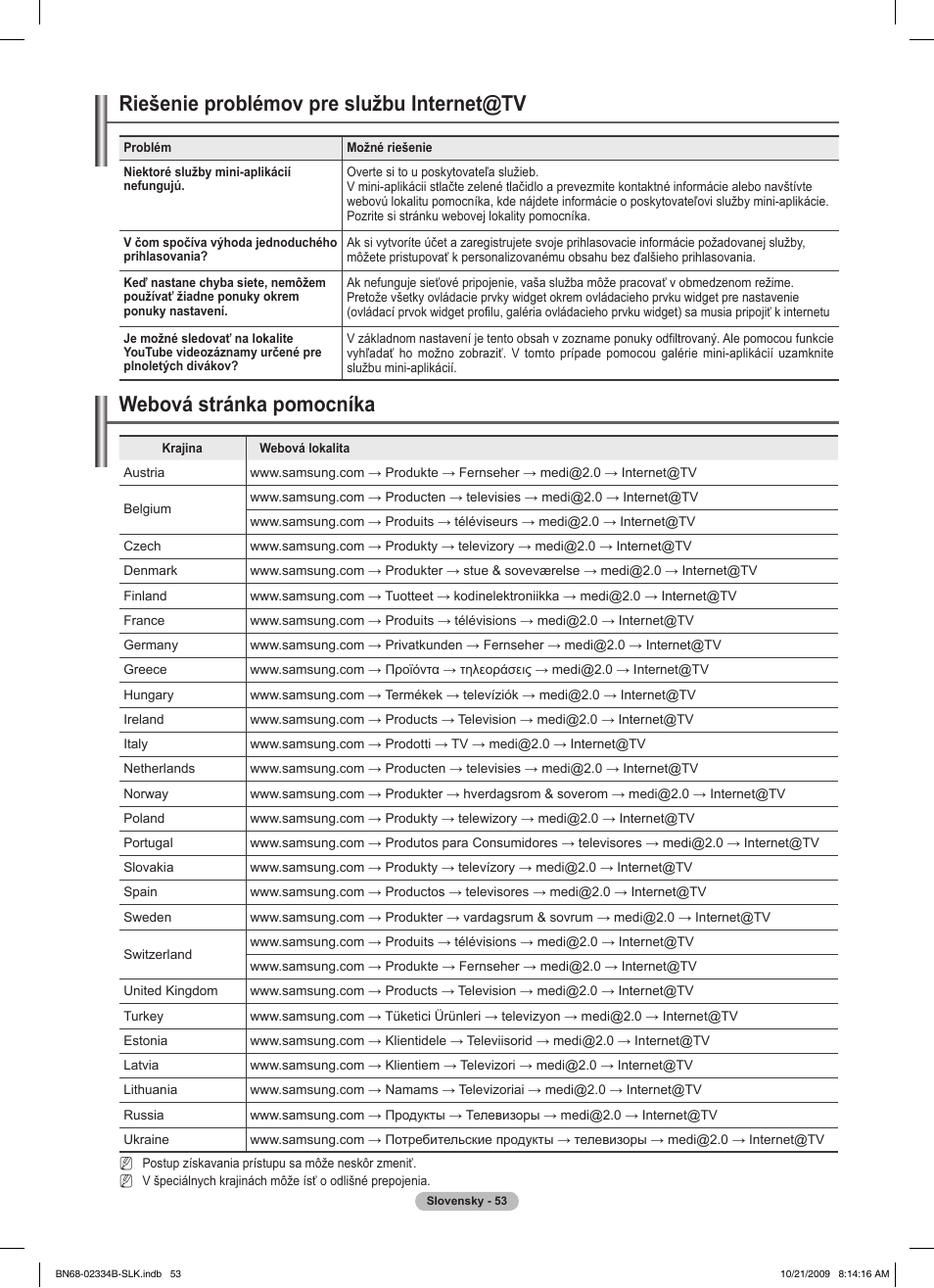 Riešenie problémov pre službu internet@tv, Webová stránka pomocníka | Samsung PS58B850Y1W User Manual | Page 448 / 654