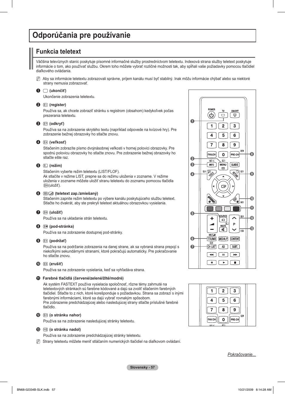 Odporúčania pre používanie, Funkcia teletext | Samsung PS58B850Y1W User Manual | Page 452 / 654