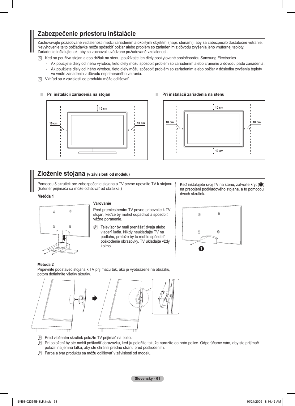 Zabezpečenie priestoru inštalácie, Zloženie stojana | Samsung PS58B850Y1W User Manual | Page 456 / 654