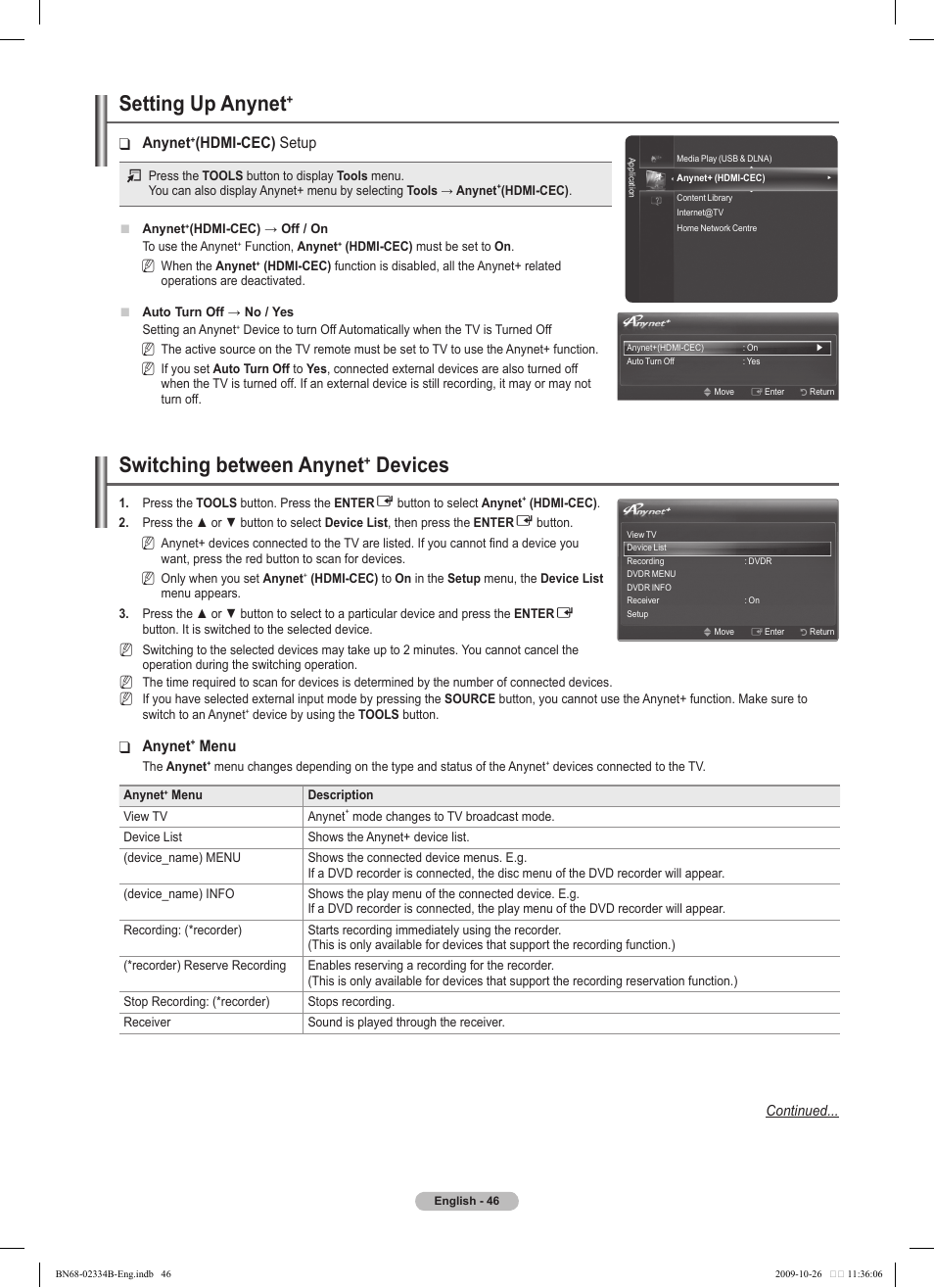 Setting up anynet, Switching between anynet, Devices | Anynet, Hdmi-cec) setup, Menu | Samsung PS58B850Y1W User Manual | Page 46 / 654