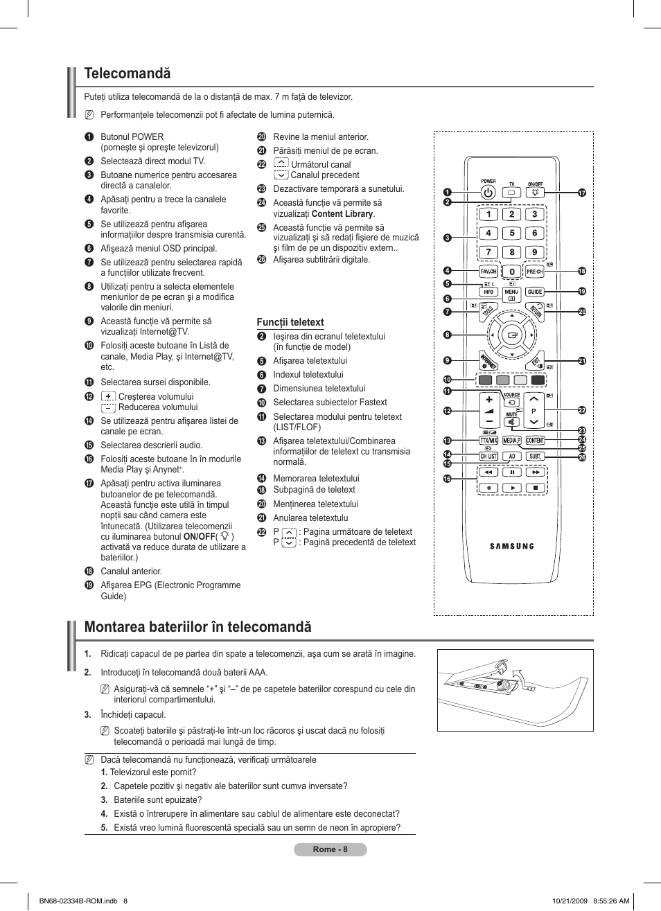 Telecomandă, Montarea bateriilor în telecomandă | Samsung PS58B850Y1W User Manual | Page 467 / 654