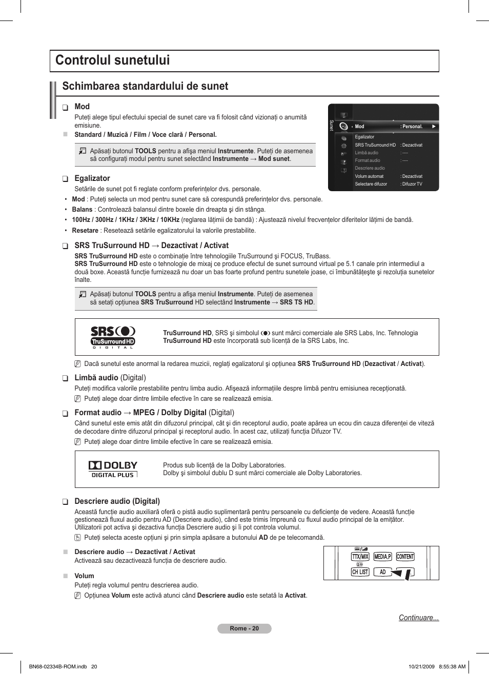 Controlul sunetului, Schimbarea standardului de sunet | Samsung PS58B850Y1W User Manual | Page 479 / 654
