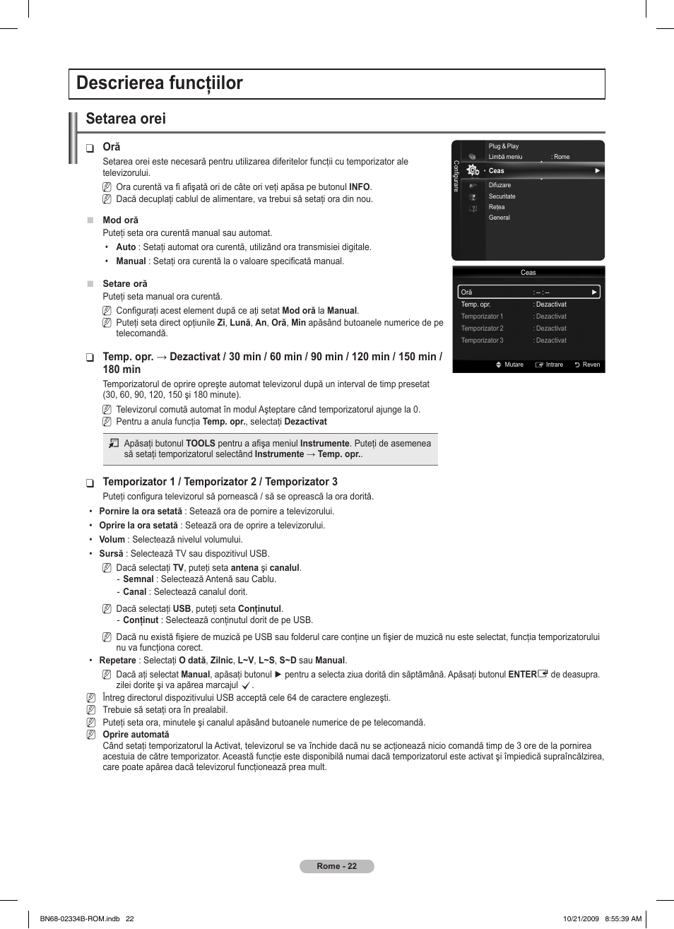 Descrierea funcţiilor, Setarea orei | Samsung PS58B850Y1W User Manual | Page 481 / 654