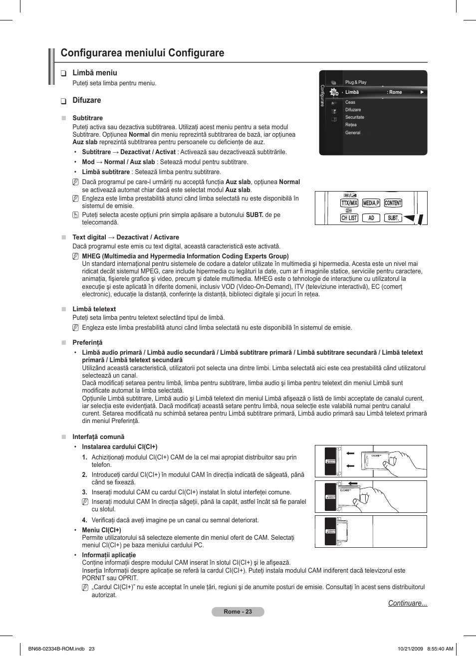 Configurarea meniului configurare | Samsung PS58B850Y1W User Manual | Page 482 / 654