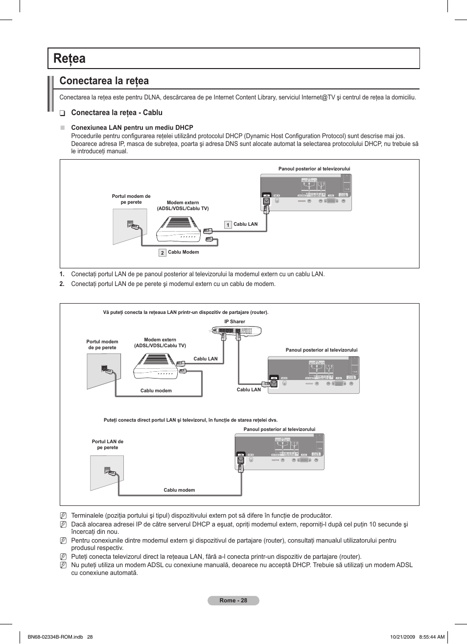 Reţea, Conectarea la reţea, Conectarea la reţea - cablu | Samsung PS58B850Y1W User Manual | Page 487 / 654