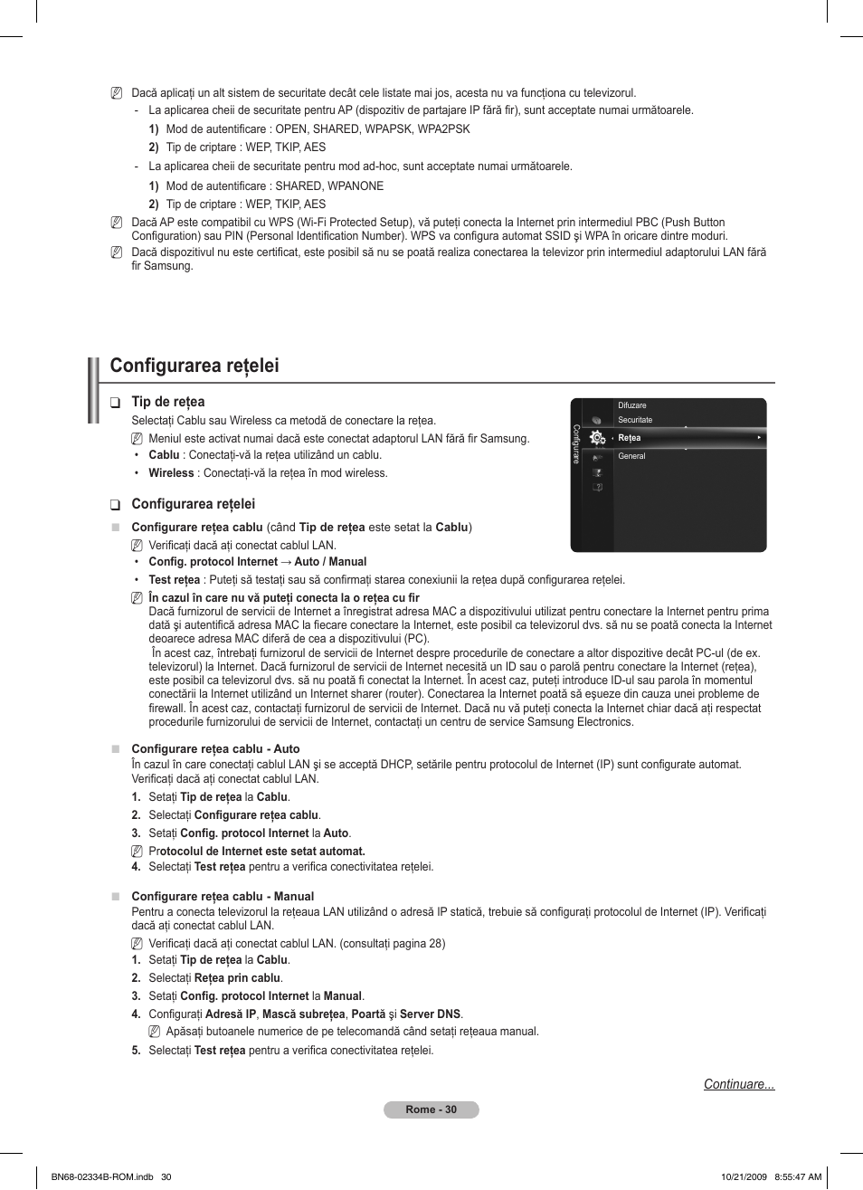 Configurarea reţelei | Samsung PS58B850Y1W User Manual | Page 489 / 654