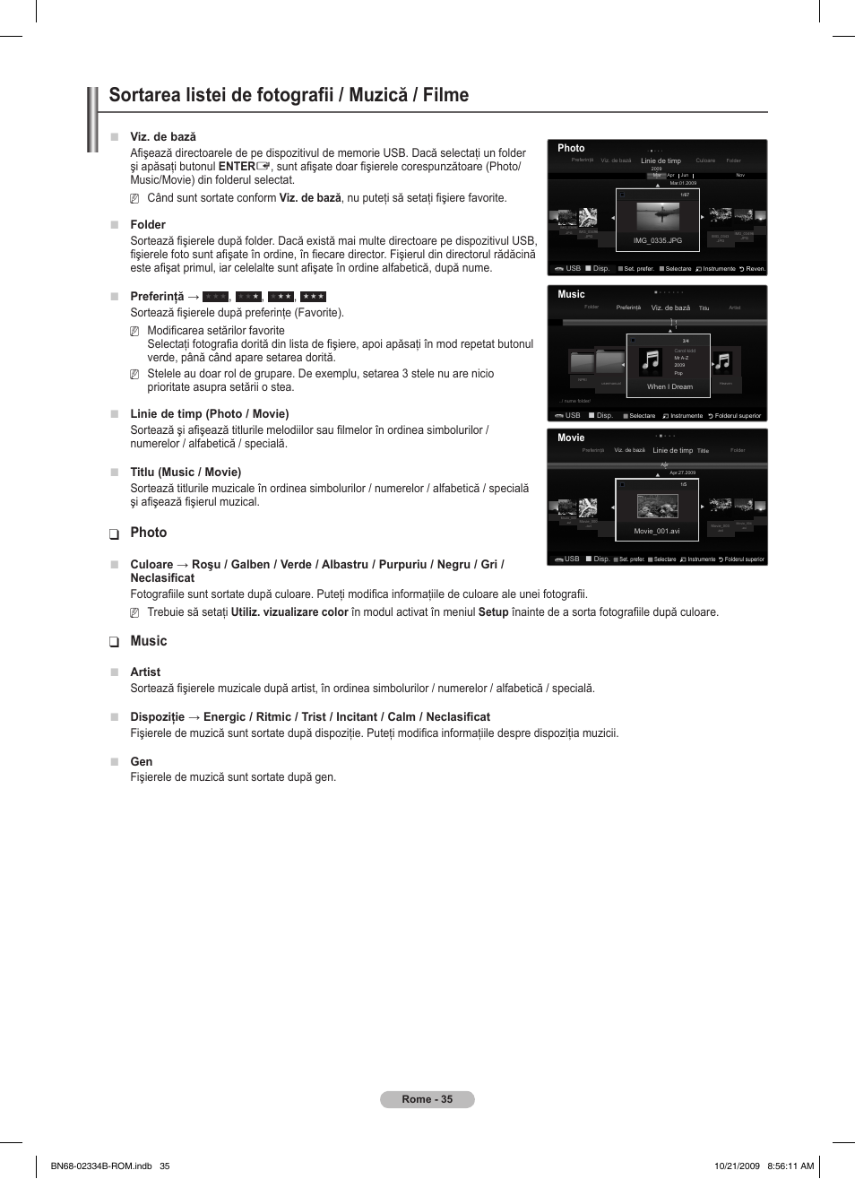 Sortarea listei de fotografii / muzică / filme, Photo, Music | Viz. de bază, Artist, Fişierele de muzică sunt sortate după gen | Samsung PS58B850Y1W User Manual | Page 494 / 654