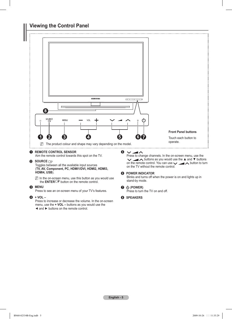 Viewing the control panel | Samsung PS58B850Y1W User Manual | Page 5 / 654
