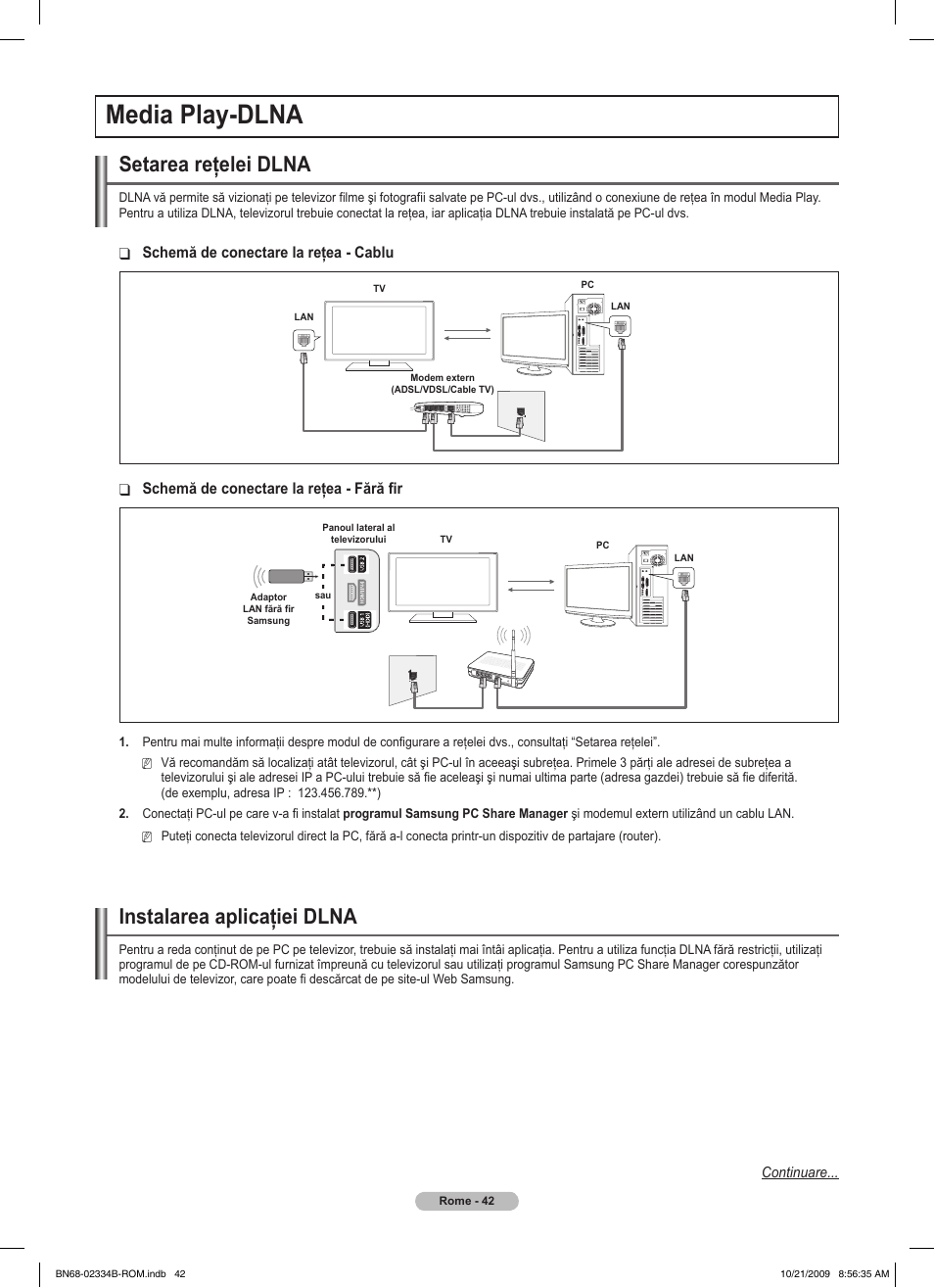 Media play-dlna, Setarea reţelei dlna, Instalarea aplicaţiei dlna | Samsung PS58B850Y1W User Manual | Page 501 / 654