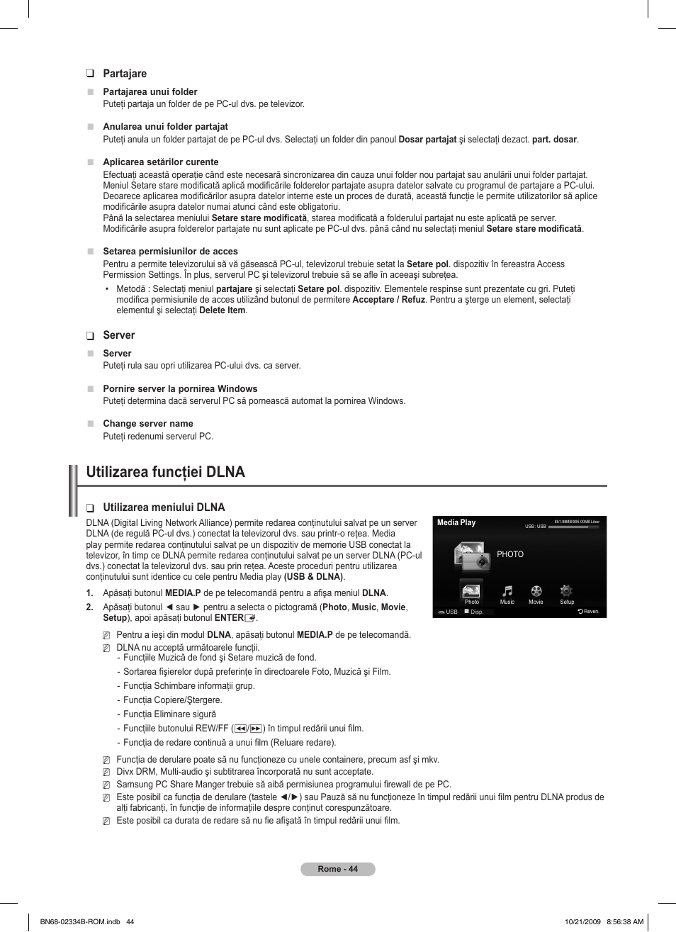 Utilizarea funcţiei dlna, Partajare, Server | Utilizarea meniului dlna | Samsung PS58B850Y1W User Manual | Page 503 / 654