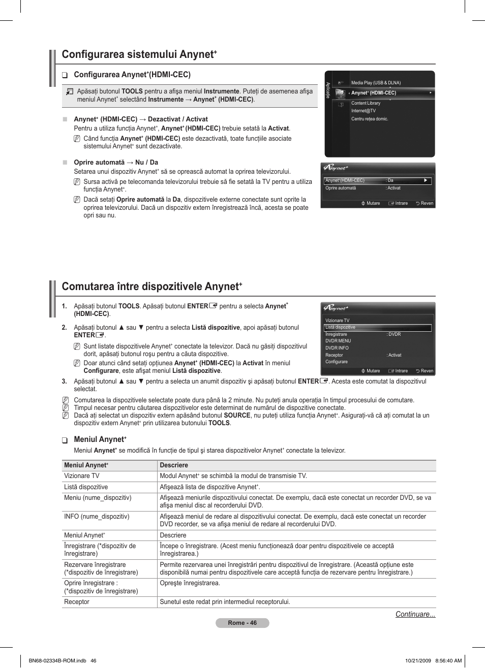 Configurarea sistemului anynet, Comutarea între dispozitivele anynet, Configurarea anynet | Hdmi-cec), Meniul anynet | Samsung PS58B850Y1W User Manual | Page 505 / 654