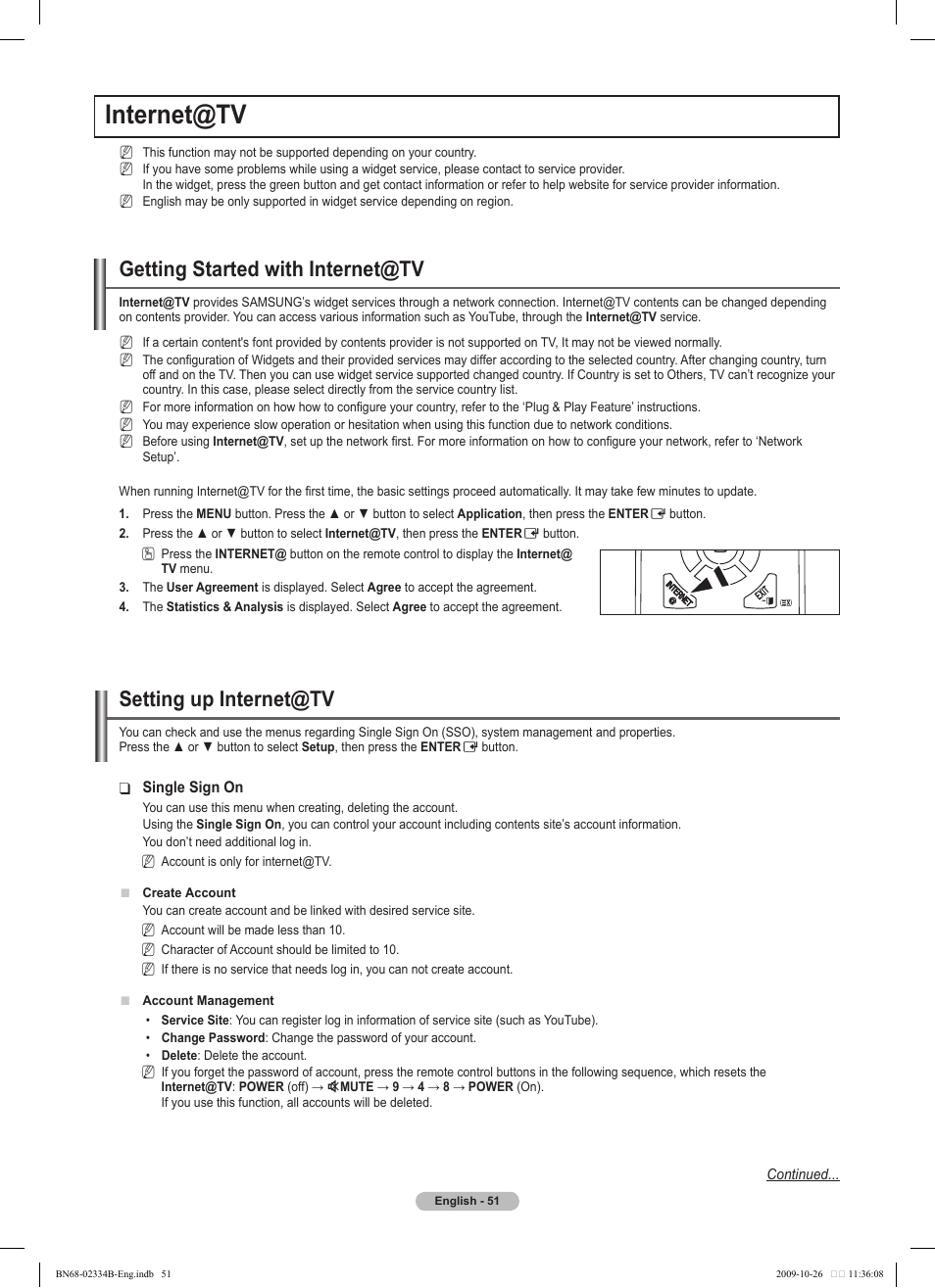 Internet@tv, Getting started with internet@tv, Setting up internet@tv | Samsung PS58B850Y1W User Manual | Page 51 / 654