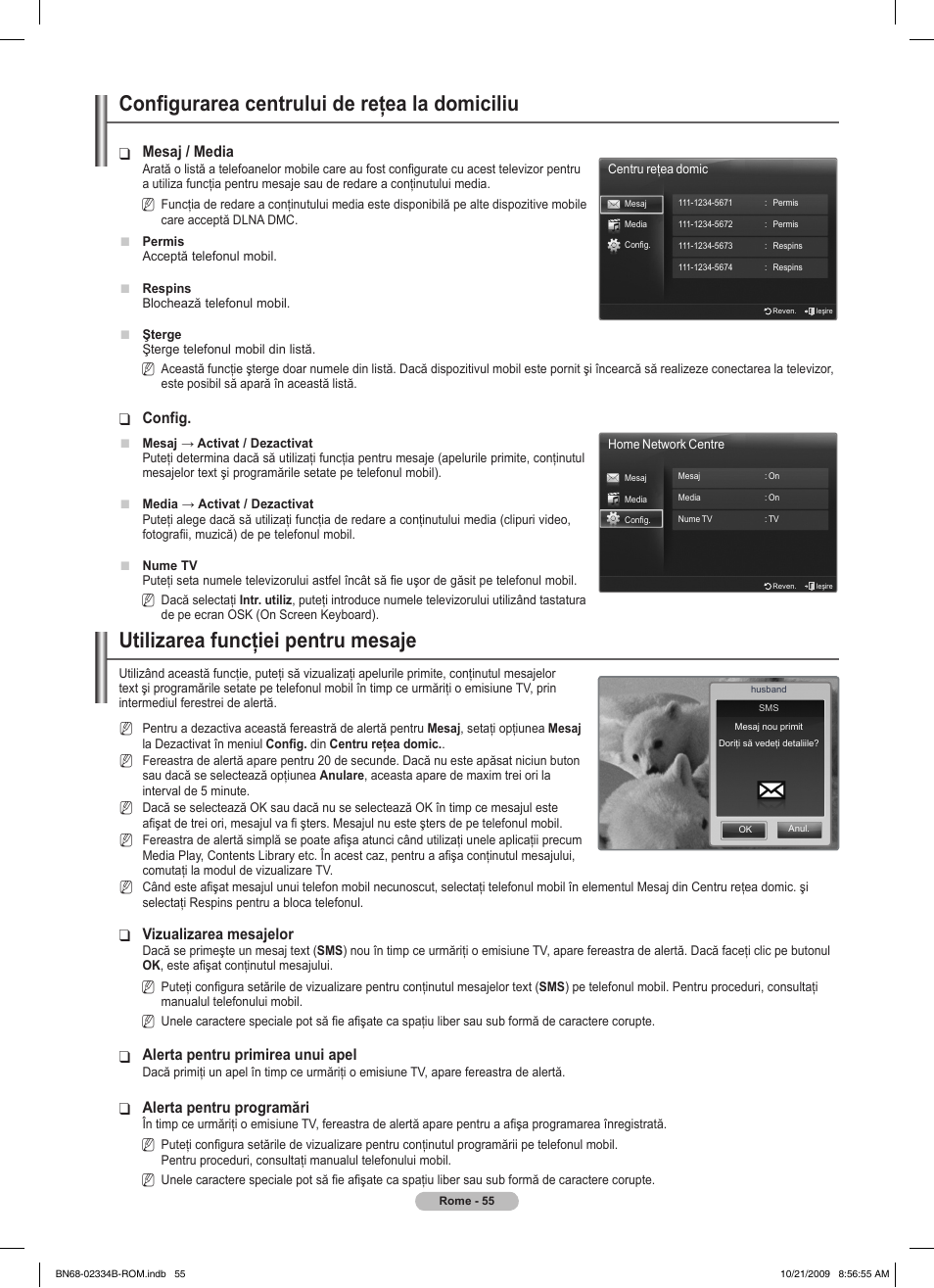 Configurarea centrului de reţea la domiciliu, Utilizarea funcţiei pentru mesaje | Samsung PS58B850Y1W User Manual | Page 514 / 654