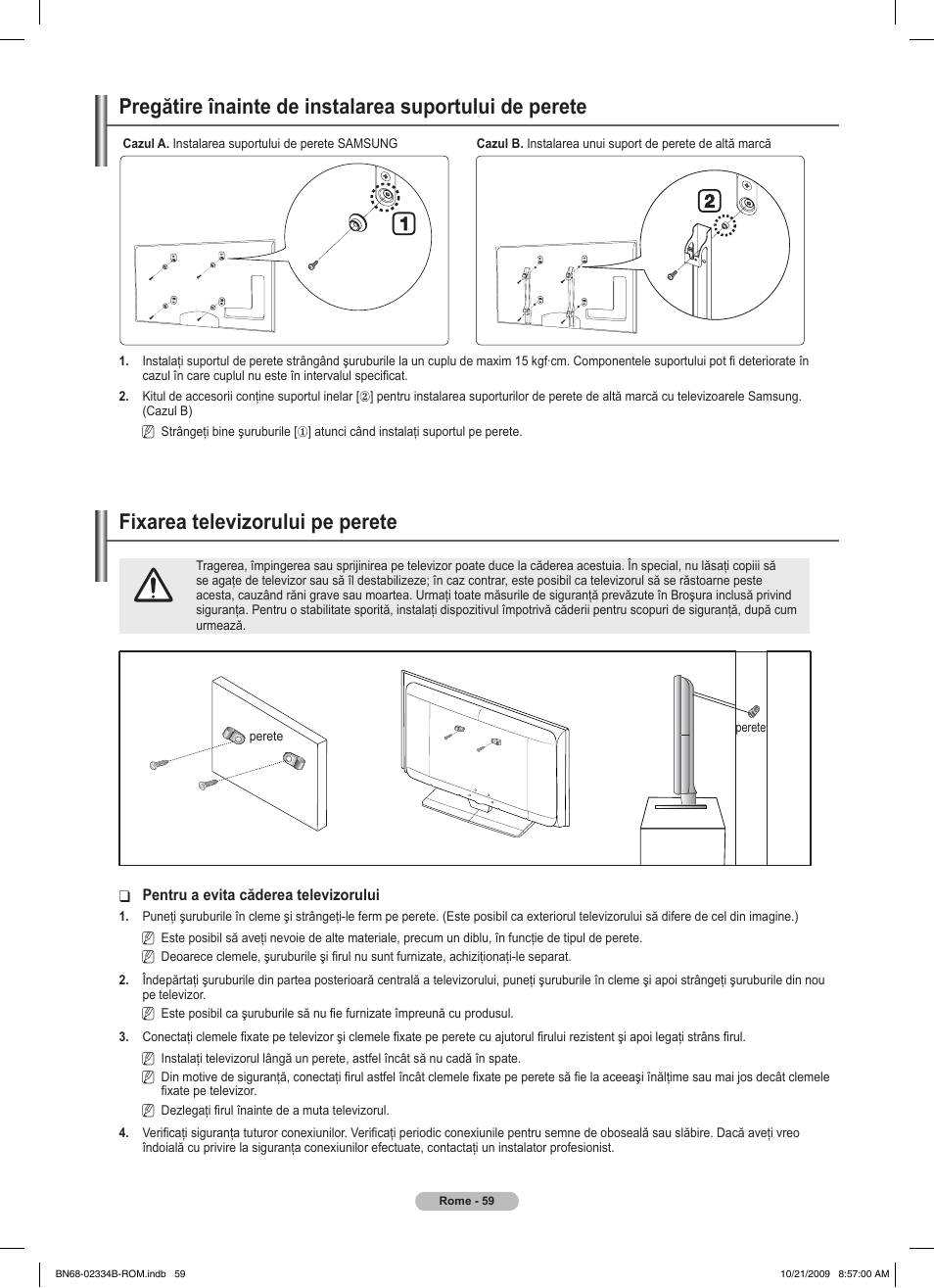 경고 주의 경고 주의, Fixarea televizorului pe perete | Samsung PS58B850Y1W User Manual | Page 518 / 654