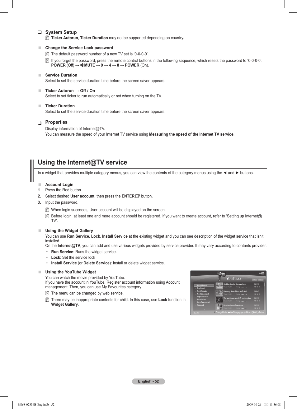 Using the internet@tv service, System setup, Properties | Samsung PS58B850Y1W User Manual | Page 52 / 654