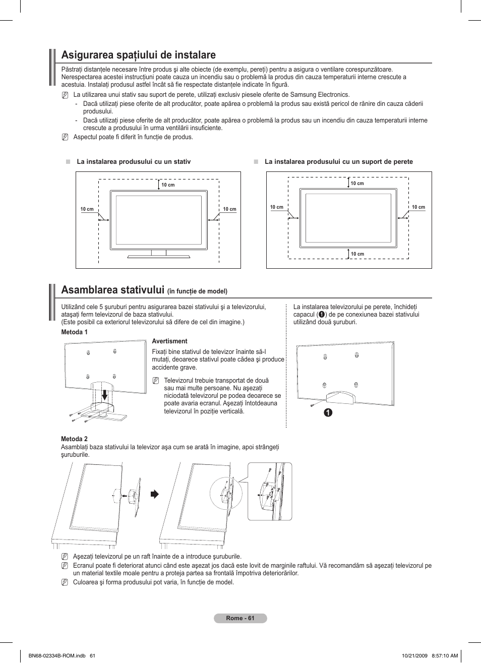 Asigurarea spaţiului de instalare, Asamblarea stativului | Samsung PS58B850Y1W User Manual | Page 520 / 654