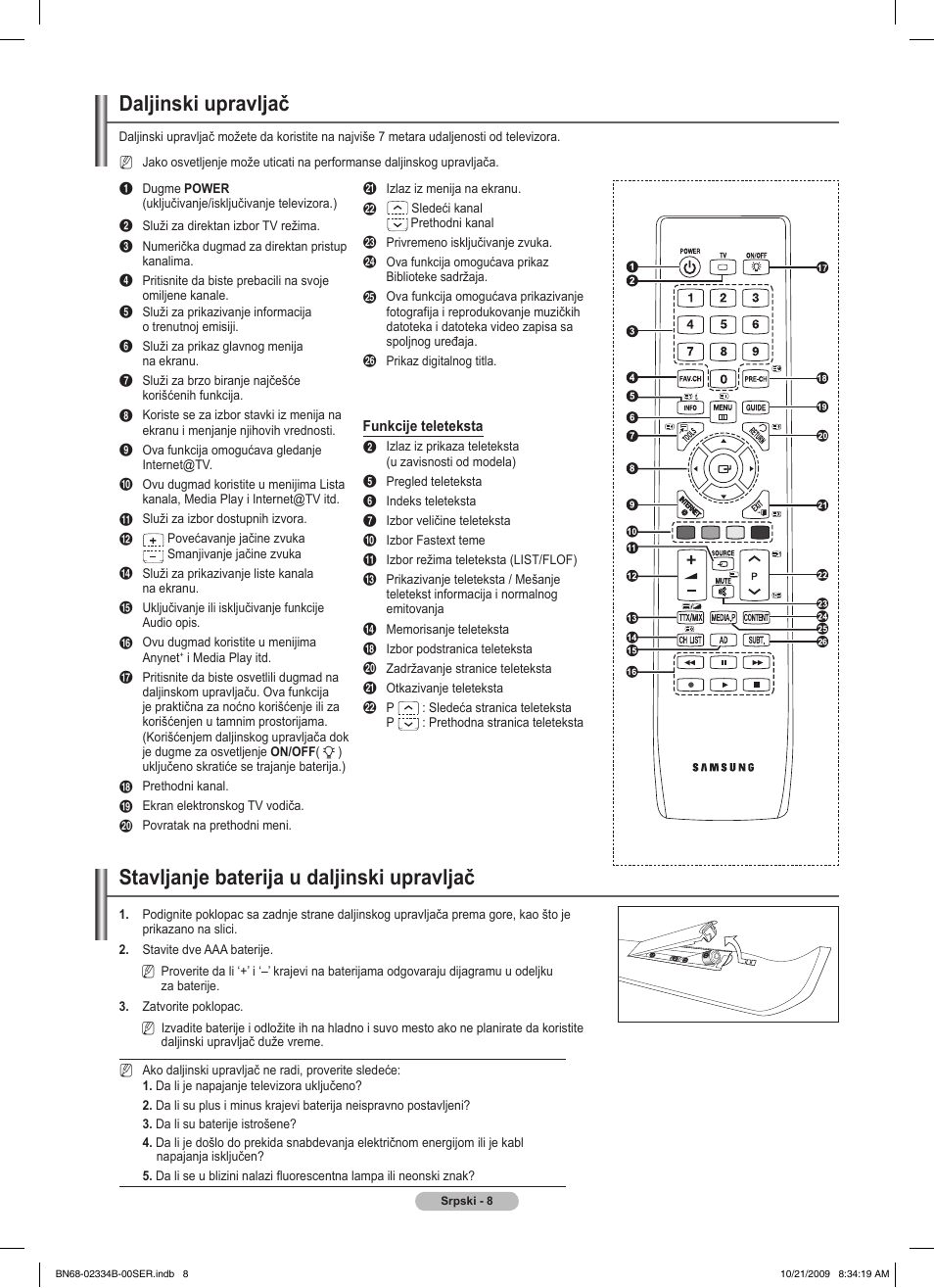 Daljinski upravljač, Stavljanje baterija u daljinski upravljač | Samsung PS58B850Y1W User Manual | Page 531 / 654