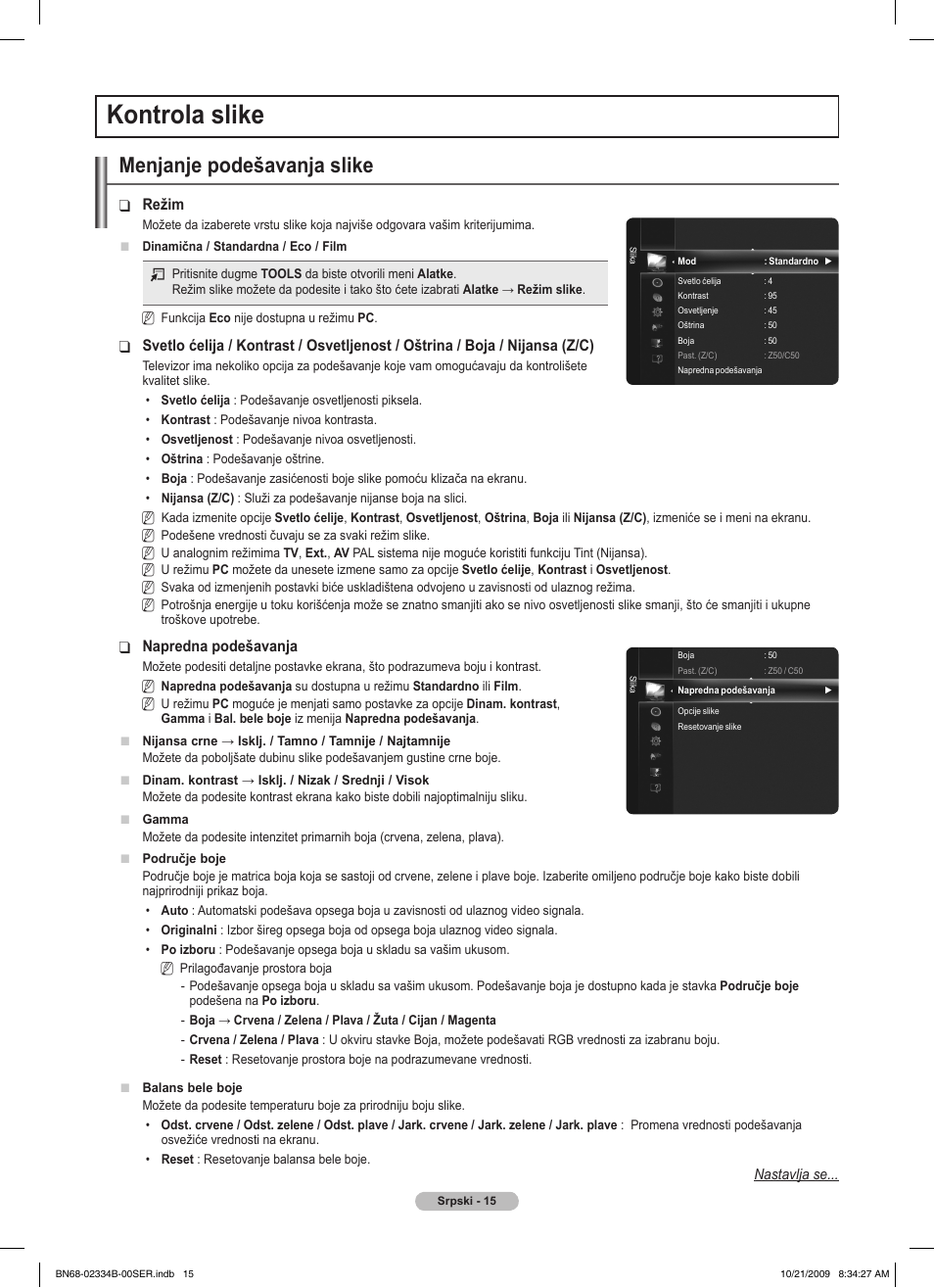 Kontrola slike, Menjanje podešavanja slike | Samsung PS58B850Y1W User Manual | Page 538 / 654