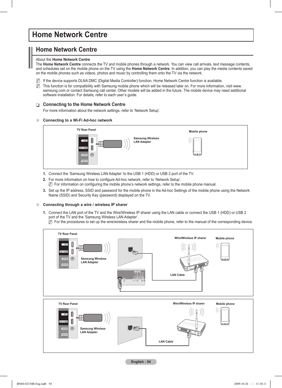 Home network centre | Samsung PS58B850Y1W User Manual | Page 54 / 654