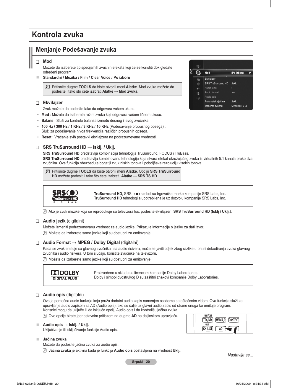 Kontrola zvuka, Menjanje podešavanje zvuka | Samsung PS58B850Y1W User Manual | Page 543 / 654