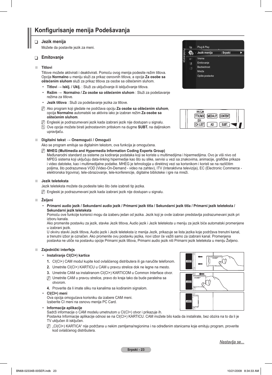 Konfigurisanje menija podešavanja | Samsung PS58B850Y1W User Manual | Page 546 / 654