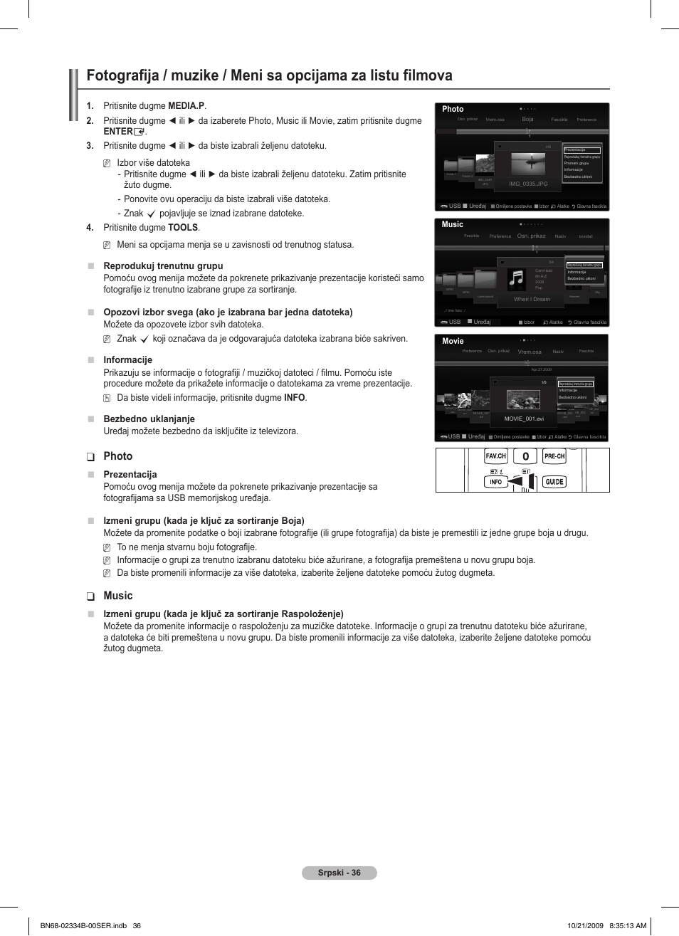 Photo, Music, Reprodukuj trenutnu grupu | Možete da opozovete izbor svih datoteka. znak, Info . bezbedno uklanjanje, Uređaj možete bezbedno da isključite iz televizora, Prezentacija | Samsung PS58B850Y1W User Manual | Page 559 / 654