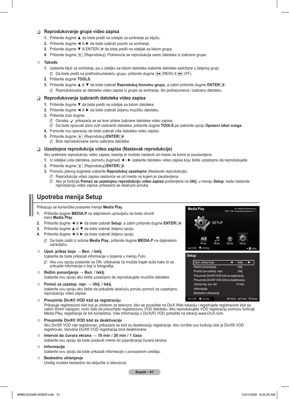 Upotreba menija setup, Reprodukovanje grupe video zapisa, Reprodukovanje izabranih datoteka video zapisa | Samsung PS58B850Y1W User Manual | Page 564 / 654