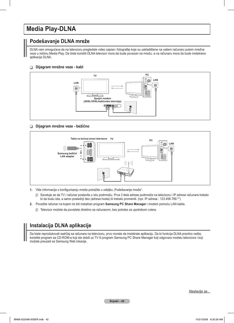 Media play-dlna, Podešavanje dlna mreže, Instalacija dlna aplikacije | Samsung PS58B850Y1W User Manual | Page 565 / 654
