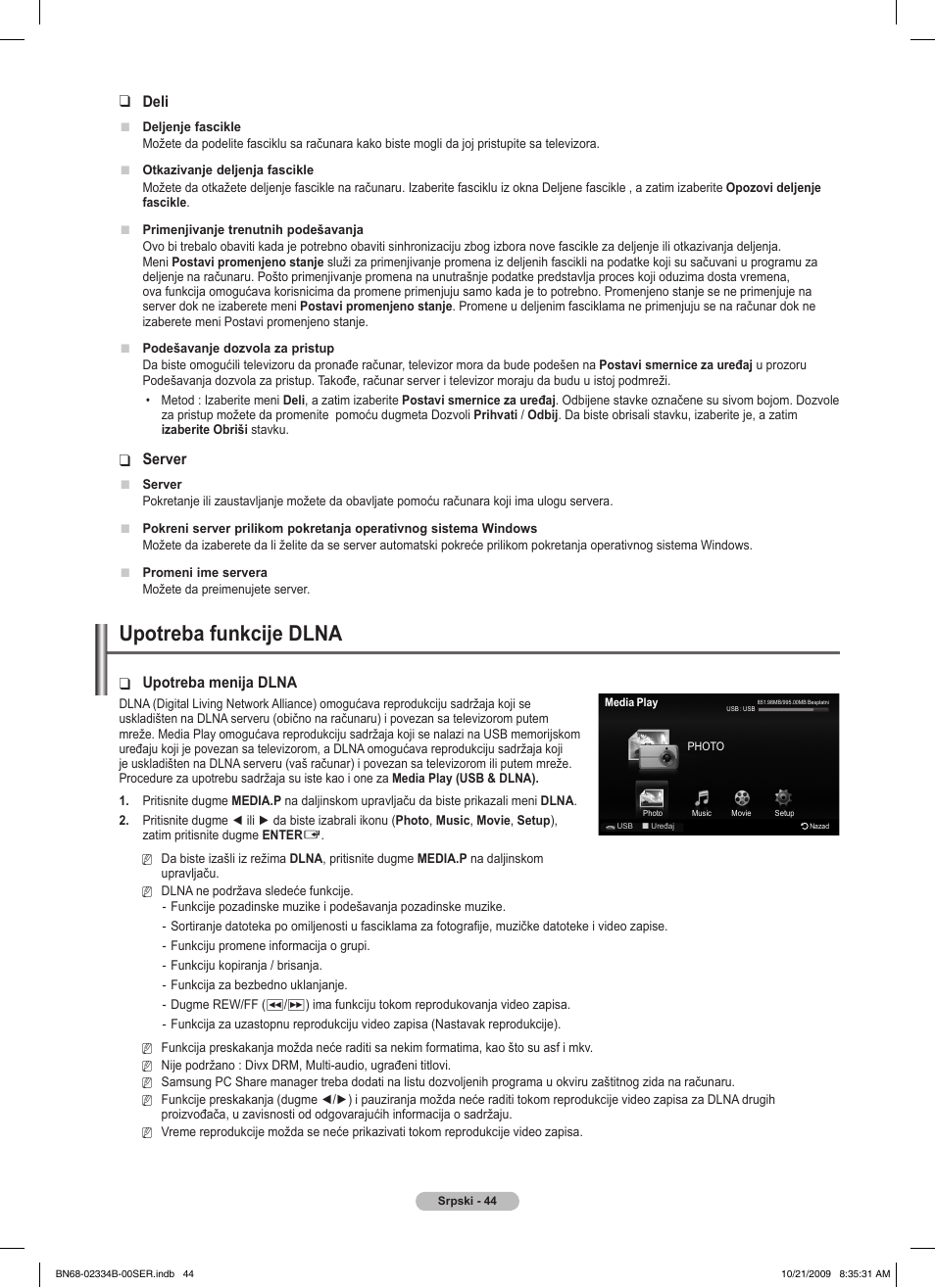 Upotreba funkcije dlna, Deli, Server | Upotreba menija dlna | Samsung PS58B850Y1W User Manual | Page 567 / 654