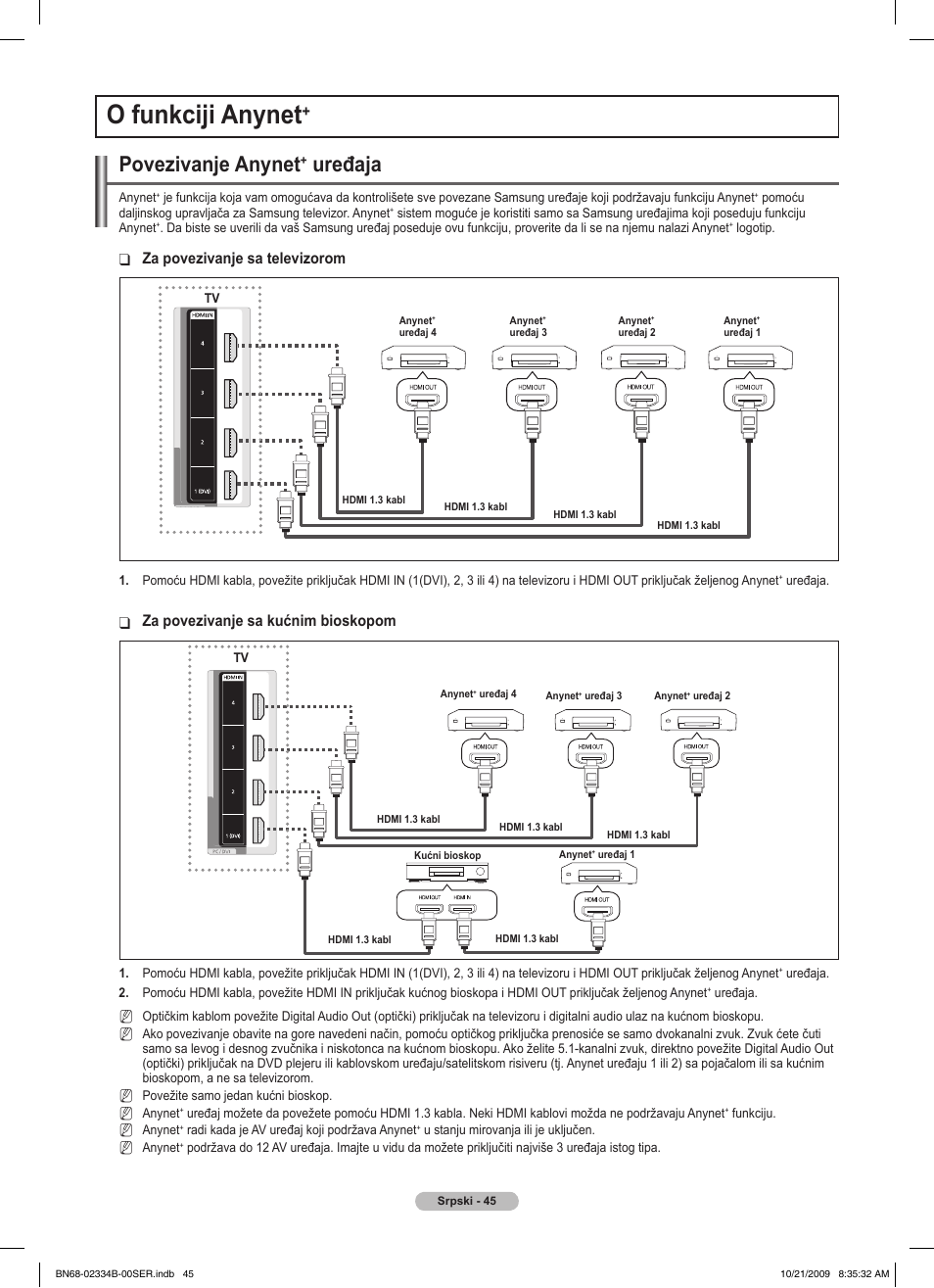 O funkciji anynet, Povezivanje anynet, Uređaja | Za povezivanje sa televizorom, Za povezivanje sa kućnim bioskopom | Samsung PS58B850Y1W User Manual | Page 568 / 654