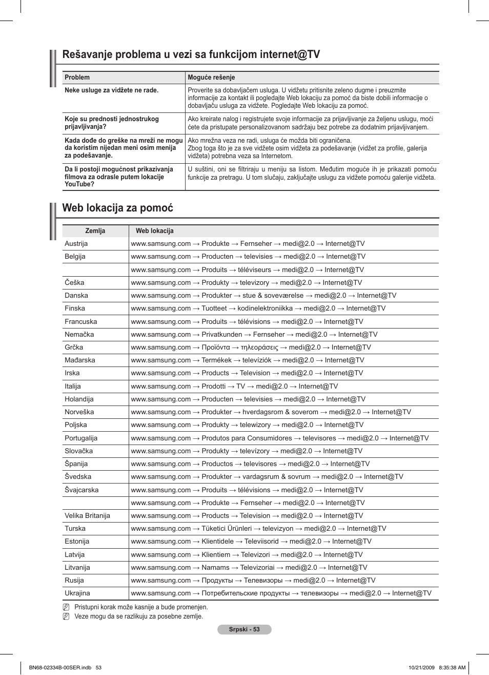 Rešavanje problema u vezi sa funkcijom internet@tv, Web lokacija za pomoć | Samsung PS58B850Y1W User Manual | Page 576 / 654