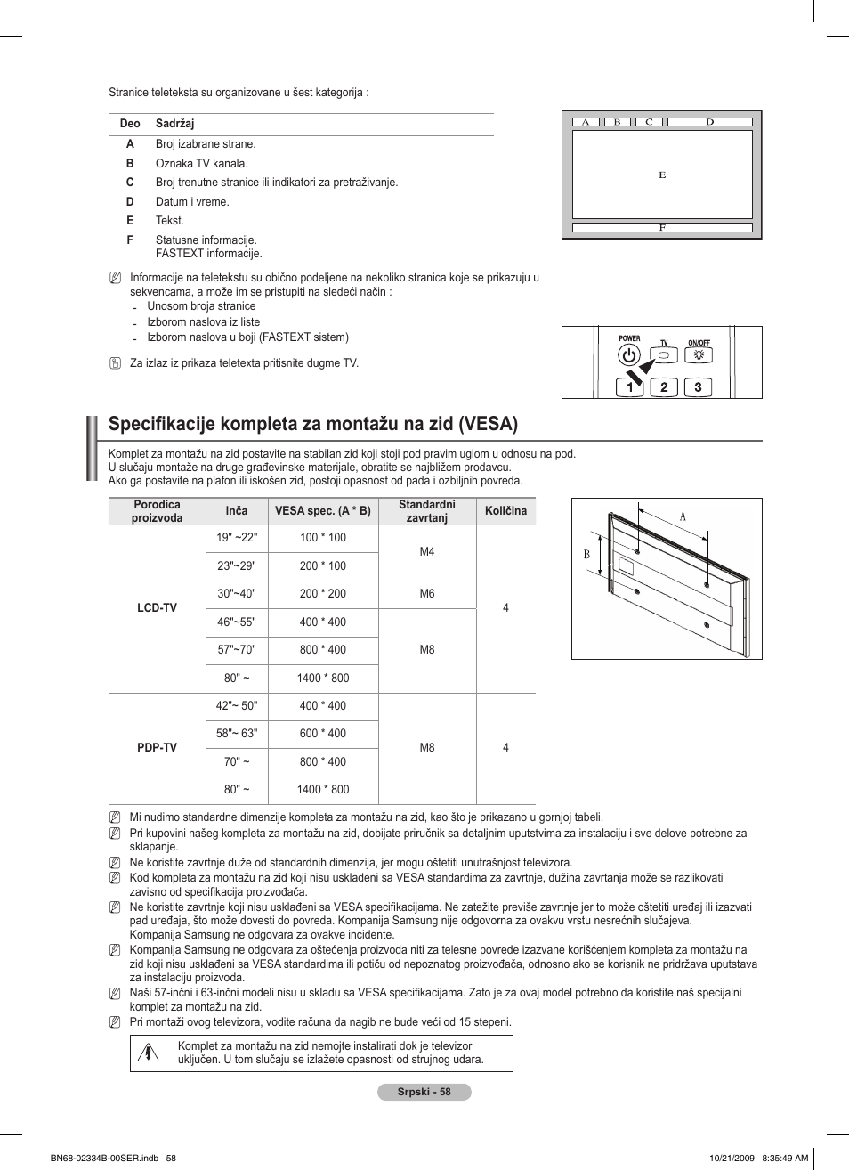 Specifikacije kompleta za montažu na zid (vesa) | Samsung PS58B850Y1W User Manual | Page 581 / 654