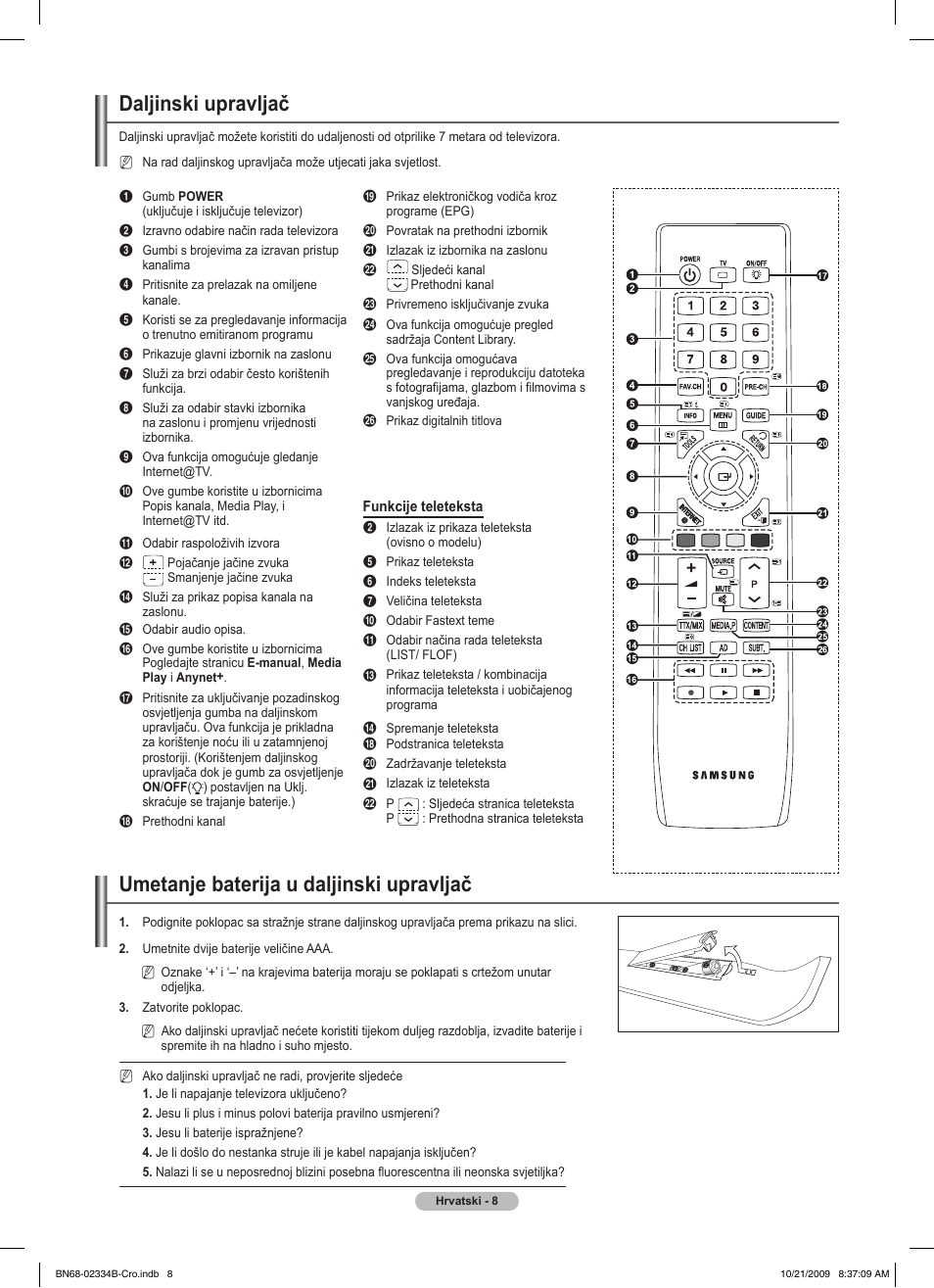 Daljinski upravljač, Umetanje baterija u daljinski upravljač | Samsung PS58B850Y1W User Manual | Page 595 / 654