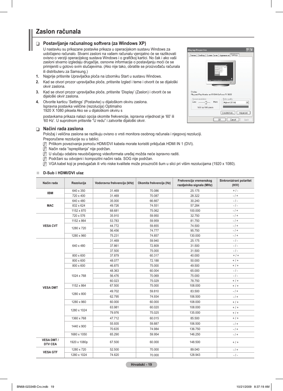 Zaslon računala, Postavljanje računalnog softvera (za windows xp), Načini rada zaslona | Samsung PS58B850Y1W User Manual | Page 606 / 654