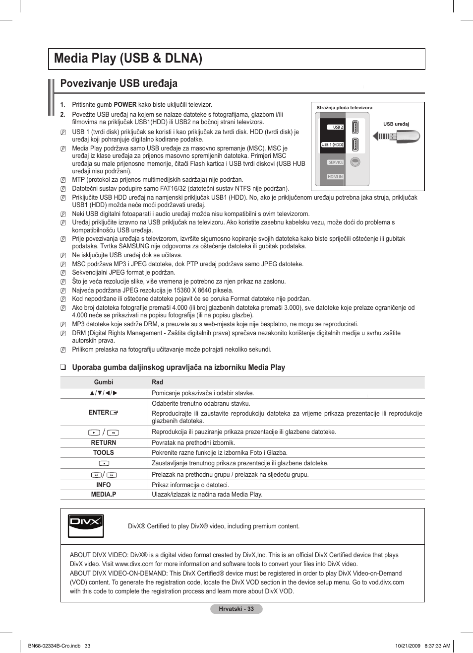 Media play (usb & dlna), Povezivanje usb uređaja | Samsung PS58B850Y1W User Manual | Page 620 / 654