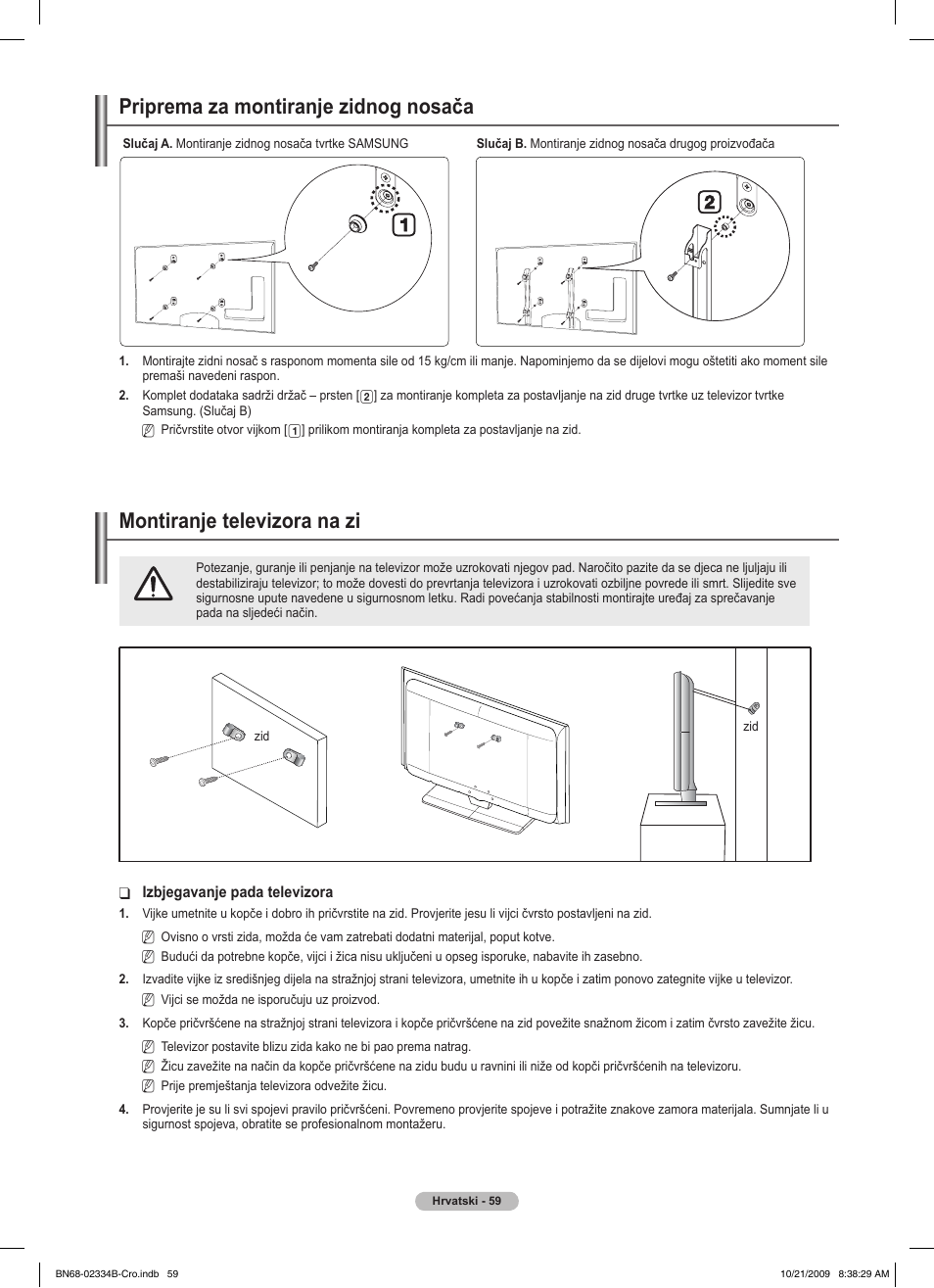 경고 주의 경고 주의, Priprema za montiranje zidnog nosača, Montiranje televizora na zi | Samsung PS58B850Y1W User Manual | Page 646 / 654