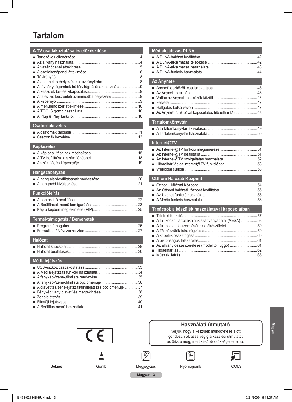 No t, Tartalom, Használati útmutató | Samsung PS58B850Y1W User Manual | Page 78 / 654