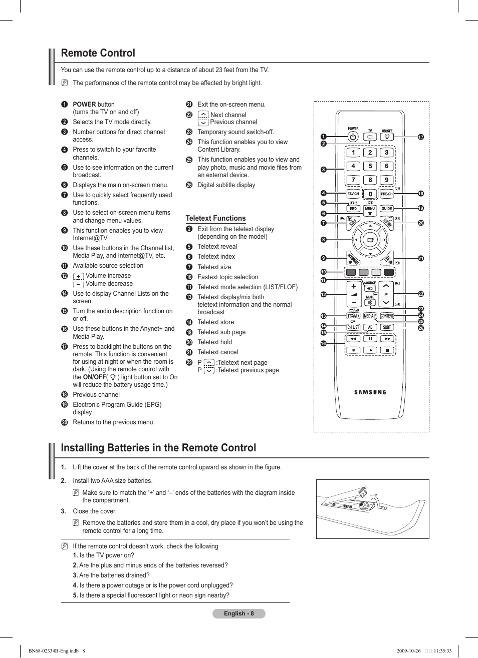 Remote control, Installing batteries in the remote control | Samsung PS58B850Y1W User Manual | Page 8 / 654