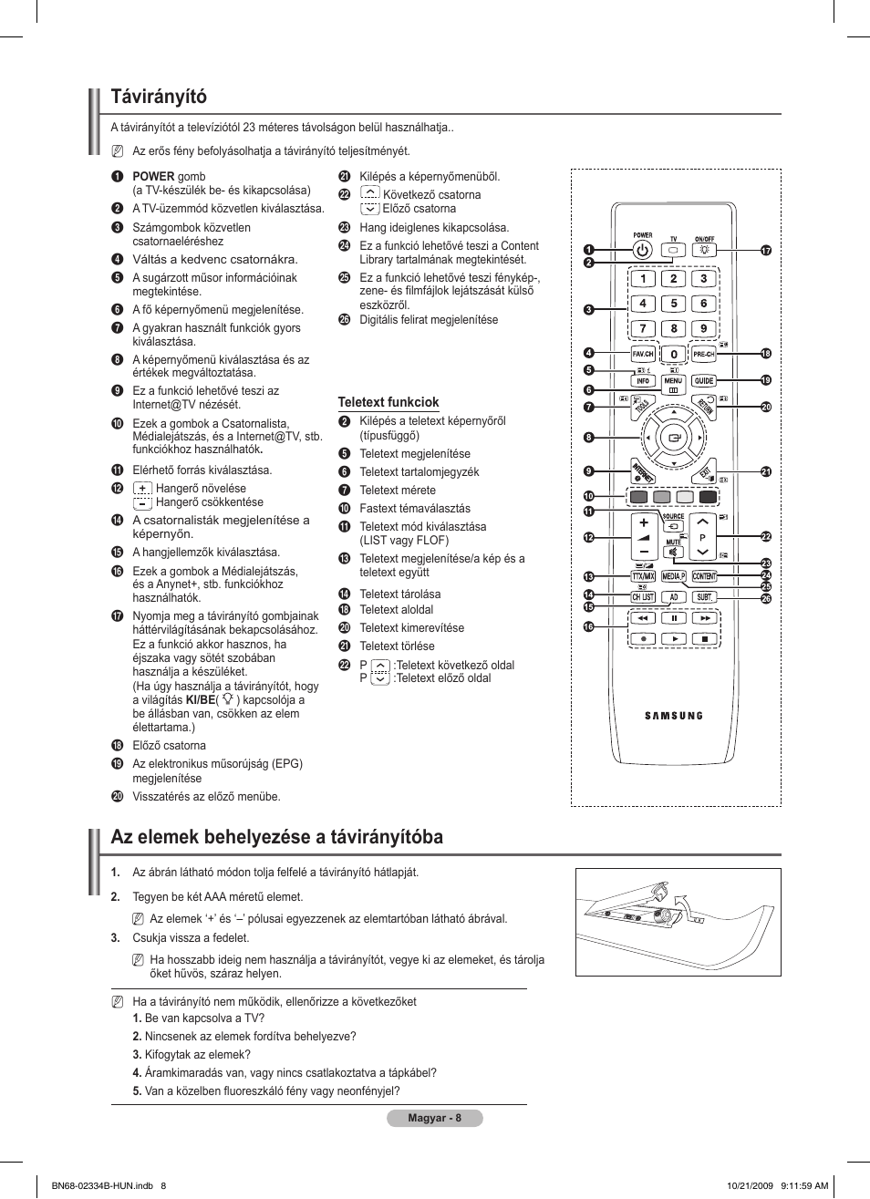 Távirányító, Az elemek behelyezése a távirányítóba | Samsung PS58B850Y1W User Manual | Page 83 / 654