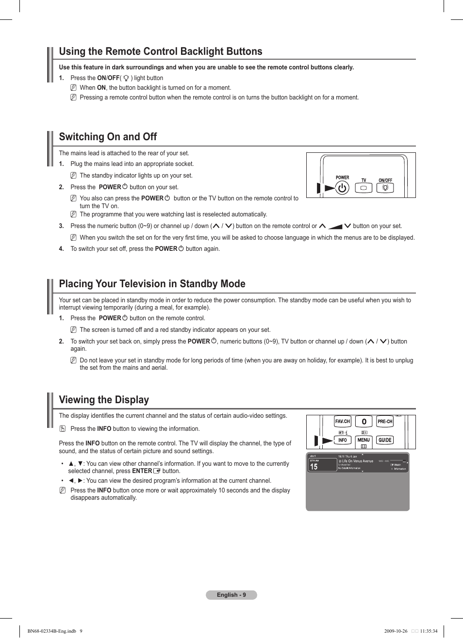 Using the remote control backlight buttons, Switching on and off, Placing your television in standby mode | Viewing the display | Samsung PS58B850Y1W User Manual | Page 9 / 654