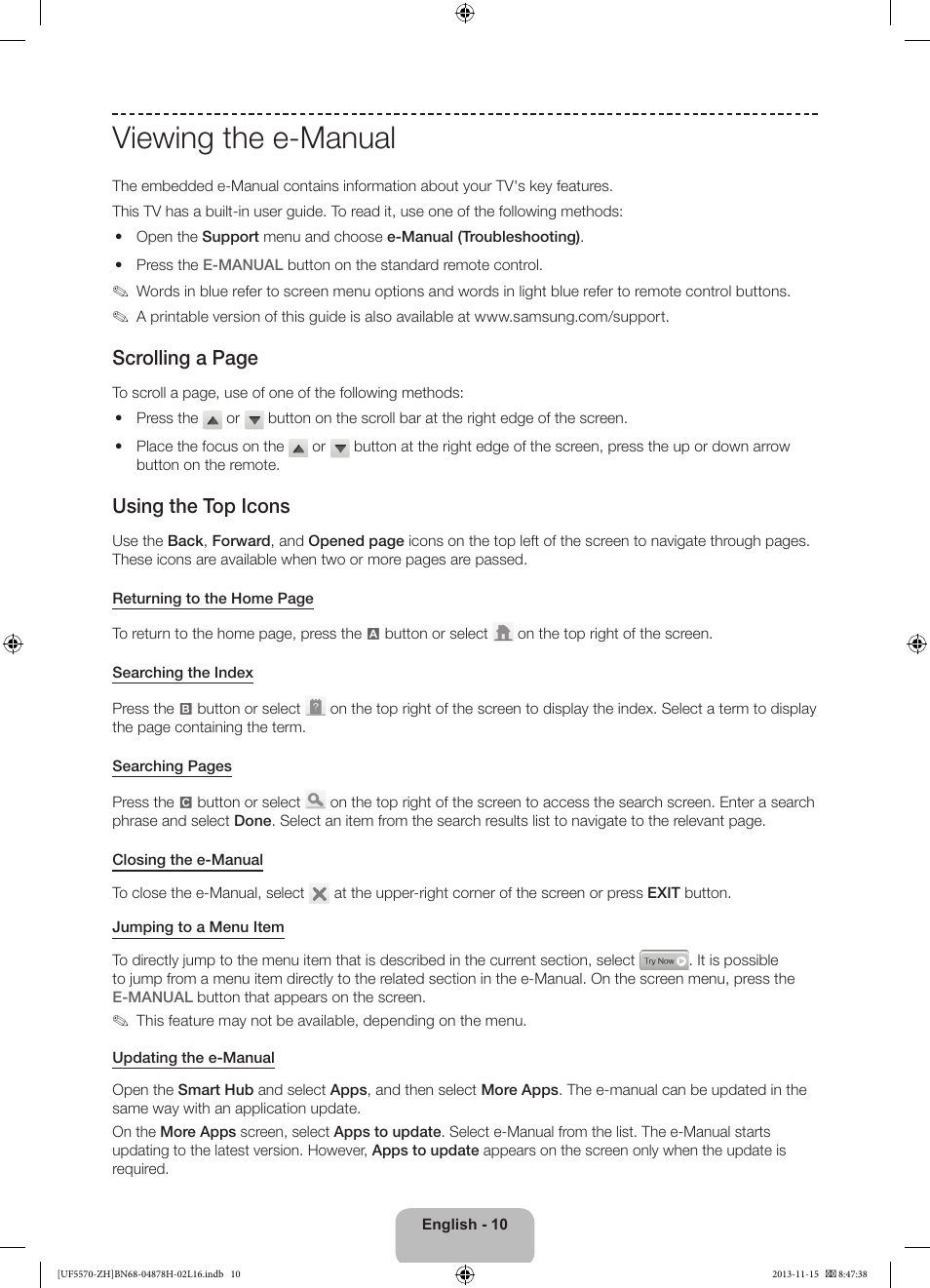 Viewing the e-manual, Scrolling a page, Using the top icons | Samsung UE46F5570SS User Manual | Page 10 / 321
