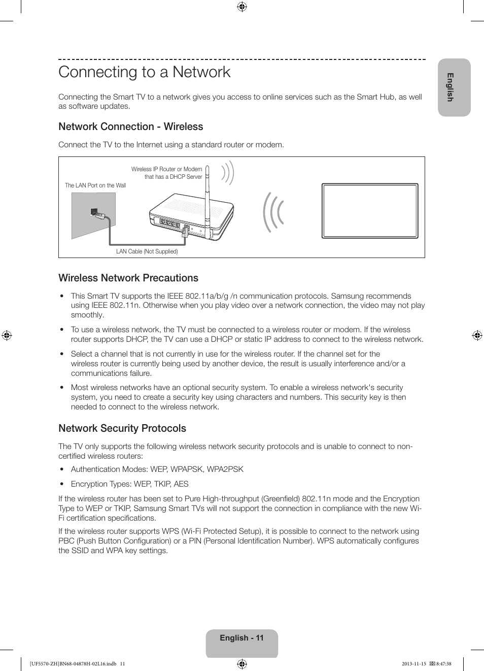 Connecting to a network, Network connection - wireless, Wireless network precautions | Network security protocols | Samsung UE46F5570SS User Manual | Page 11 / 321