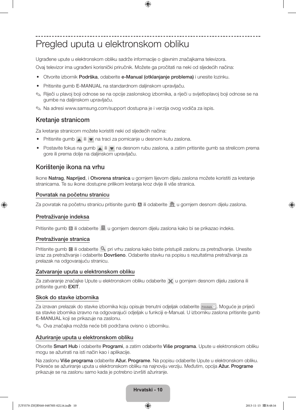 Pregled uputa u elektronskom obliku, Kretanje stranicom, Korištenje ikona na vrhu | Samsung UE46F5570SS User Manual | Page 110 / 321