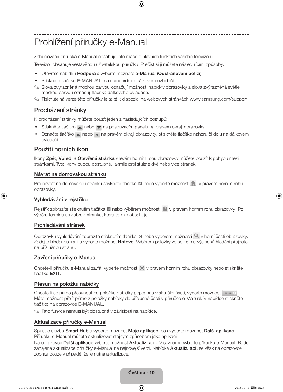 Prohlížení příručky e-manual, Procházení stránky, Použití horních ikon | Samsung UE46F5570SS User Manual | Page 130 / 321