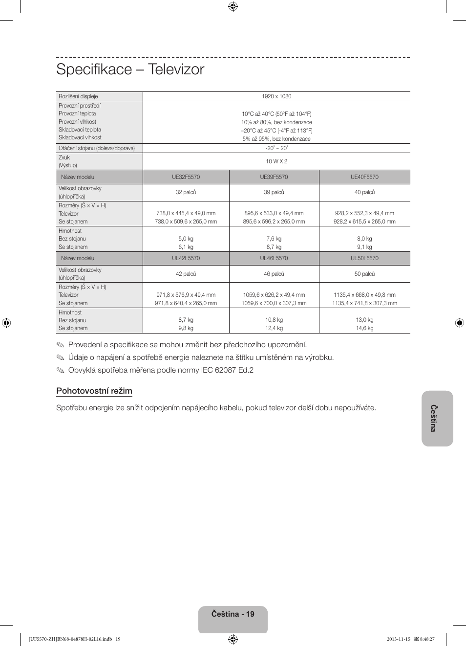 Specifikace – televizor, Pohotovostní režim | Samsung UE46F5570SS User Manual | Page 139 / 321