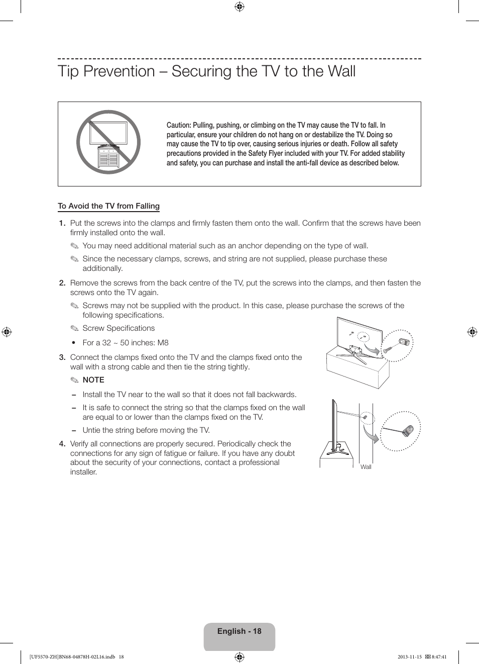 Tip prevention – securing the tv to the wall | Samsung UE46F5570SS User Manual | Page 18 / 321