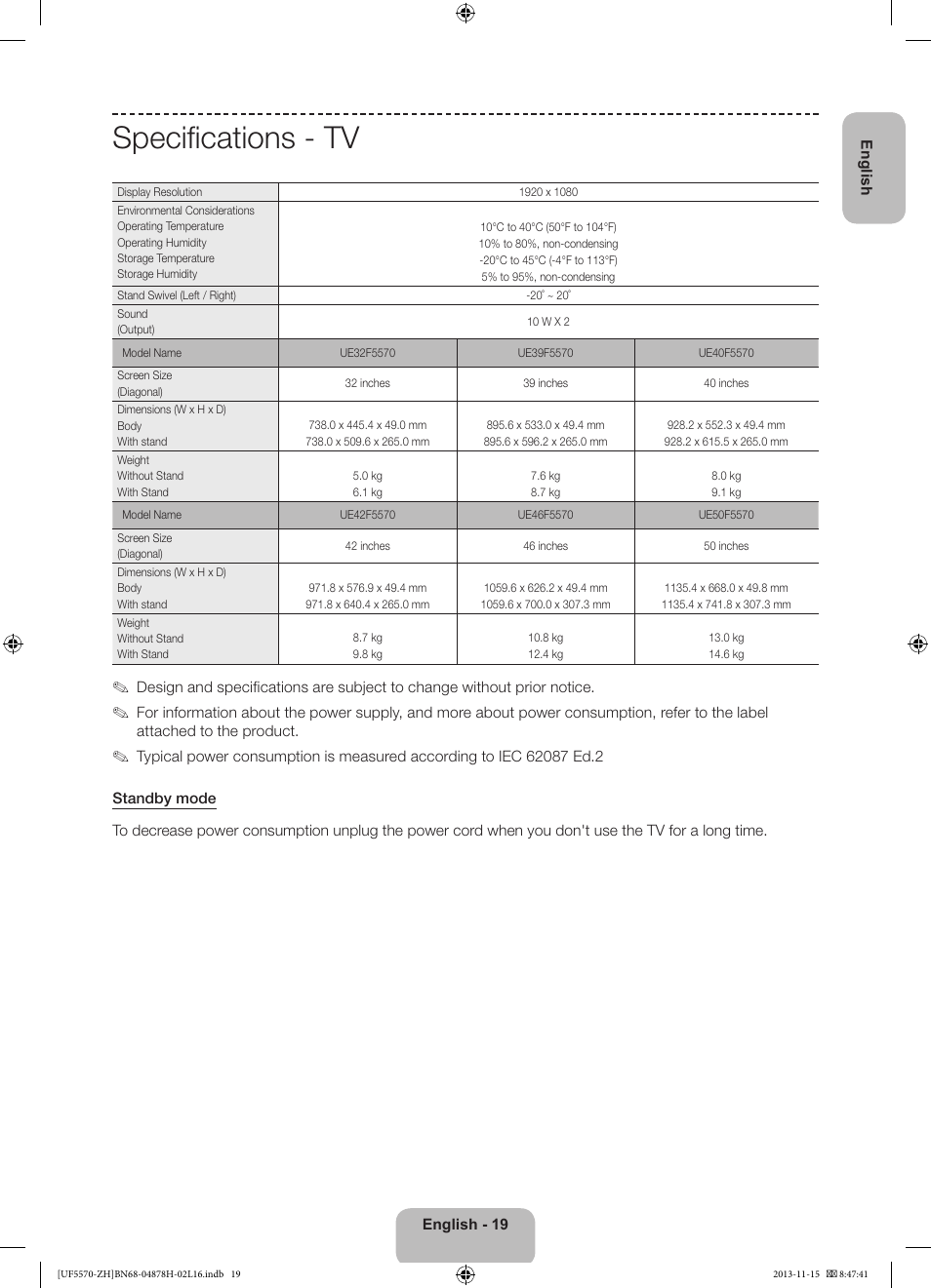 Specifications - tv | Samsung UE46F5570SS User Manual | Page 19 / 321