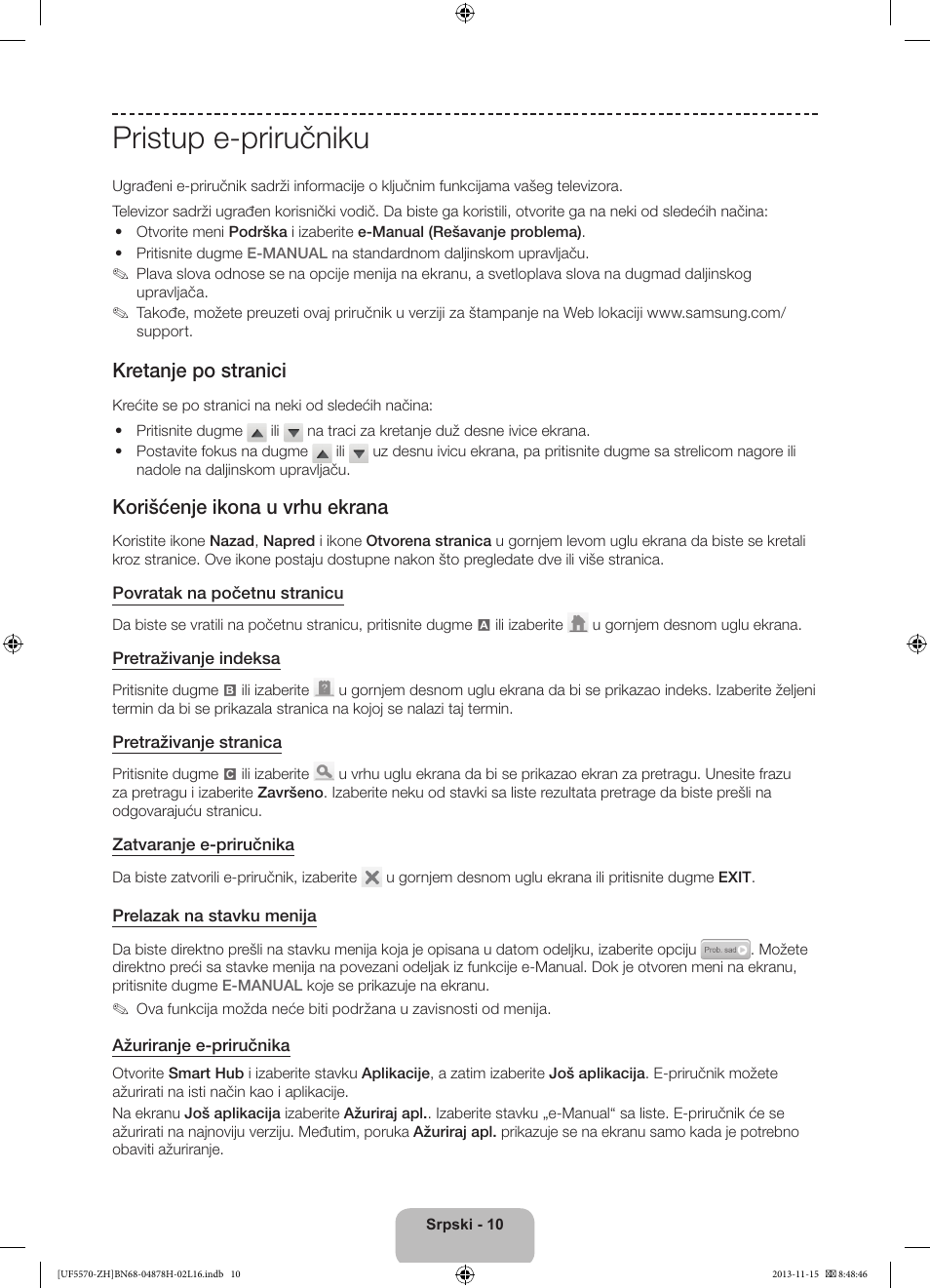 Pristup e-priručniku, Kretanje po stranici, Korišćenje ikona u vrhu ekrana | Samsung UE46F5570SS User Manual | Page 190 / 321
